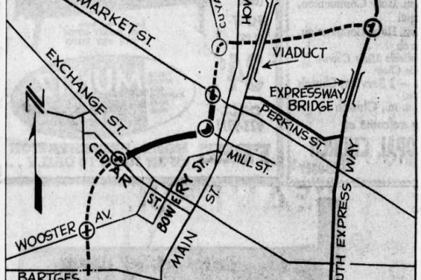 1965, plans to create the Innerbelt list the cost at $47.4M. (Photo courtesy of Akron Beacon Journal)