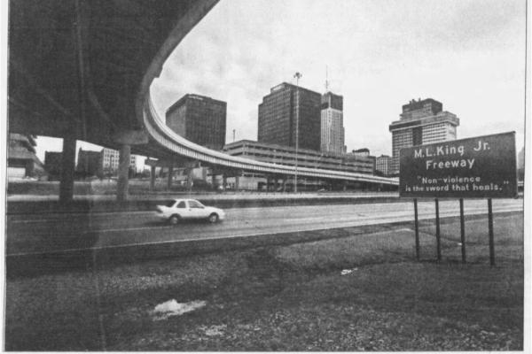 In 1993, the Innerbelt is renamed the Martin Luther King Freeway. (Photo courtesy of Akron Beacon Journal)