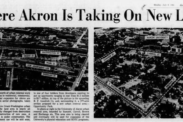 1962, Akron unveils new renewal maps near the University of Akron campus. (Photo courtesy of Akron Beacon Journal)
