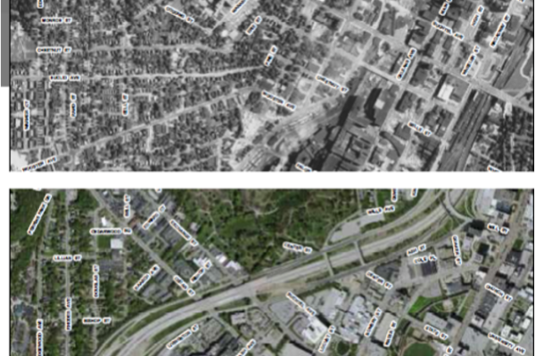 Aerial photos showing the neighborhood before and after the Innerbelt's construction. (Photos courtesy of the City of Akron)